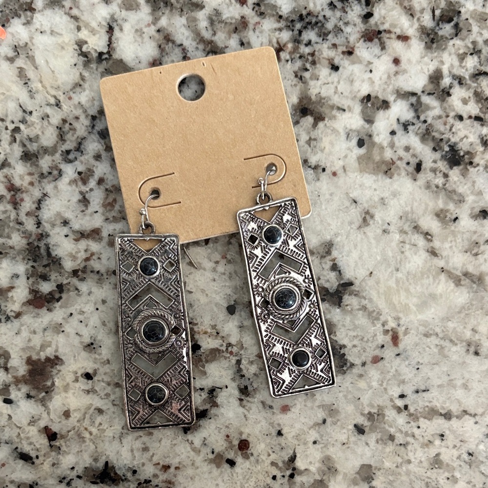 Silver-Tone Geometric Dangle Earrings with Black Accents faux
